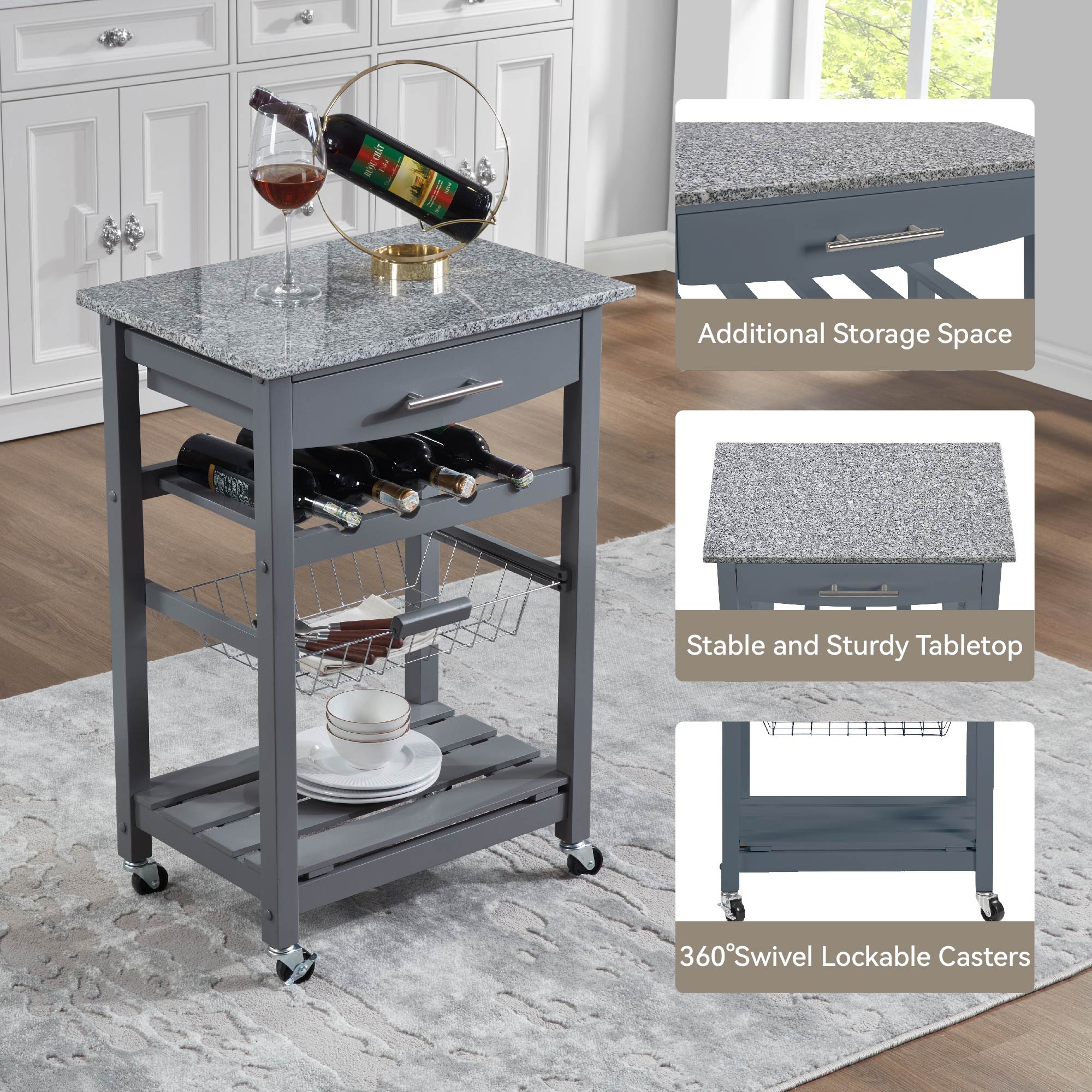 Mobile Rolling Kitchen Island Trolley Serving Cart With Underneath Drawer & Slide-Out Wire Storage Basket_voghion.com